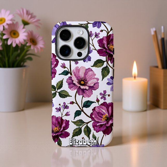 Coques Case-Mate iPhone Papier peint pourpre Roses et fleurs (Créateur téléchargé)