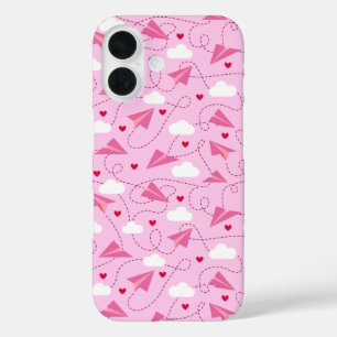 Coque Pour iPhone 16 Papier volant rose Valentine Avions Coeurs rouges