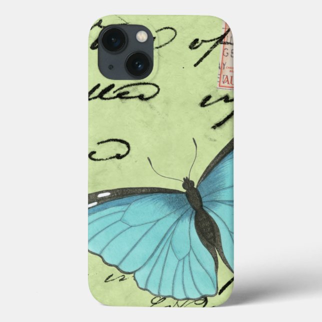 Coques Case-Mate iPhone Papillon à ailes bleues sur carte postale Turquois (Verso)