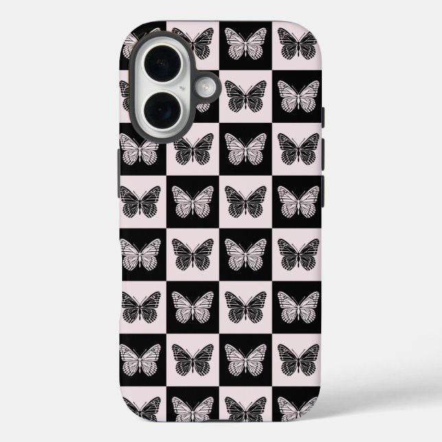 Coques Case-Mate iPhone Papillon À damiers Motif en noir et blanc (Verso)