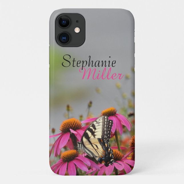 Coques Case-Mate iPhone Papillon à queue jaune sur les fleurs roses (Dos)