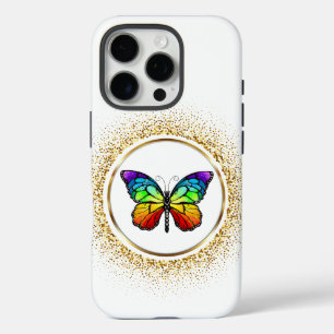 Coques iPhone 16 Pro Papillon arc-en-ciel dans un cercle doré 