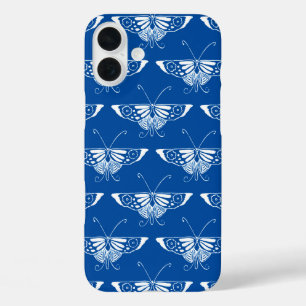 iPhone 16 Plus Case Papillon Art déco stylisé, bleu cobalt et blanc