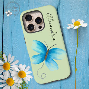 Coques iPhone 16 Pro Papillon bleu aquarelle sur vert Personnalisé