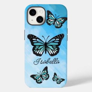 Coque Pour iPhone 14 Papillon bleu et votre nom Personnalisé