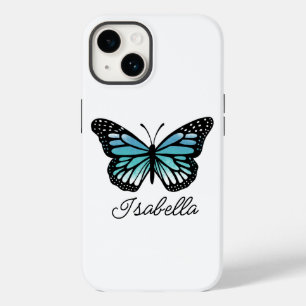 Coque Pour iPhone 14 Papillon bleu et votre nom Personnalisé