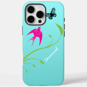Coques iPhone 16 Pro Max Papillon bleu ombre vintage d'hirondelle rose