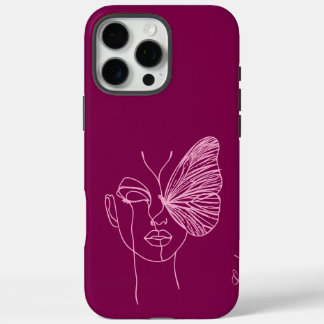 Coques iPhone 16 Pro Max Papillon d'art linéaire, magenta