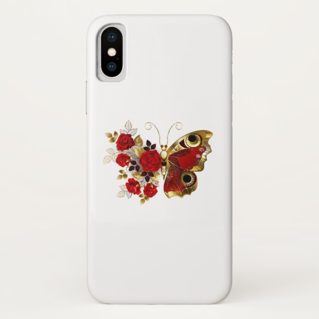 Coques Case-Mate iPhone Papillon de fleurs rouges aux roses rouges (Dos)