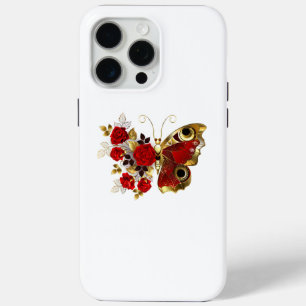 Coque iPhone 15 Pro Max Papillon de fleurs rouges aux roses rouges