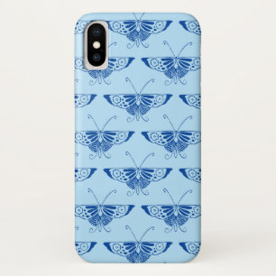 Coque iPhone X Papillon Déco stylisé - bleu cobalt et bleu pâle