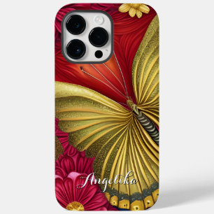 Coque Pour Pour iPhone 14 Pro Max Papillon élégant or et burgundy Nom personnalisé