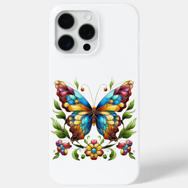 Coques Case-Mate iPhone Papillon en vitrail coloré avec fleurs (Verso)