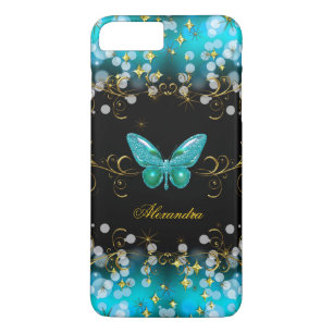 Coque iPhone 8 Plus/7 Plus Papillon Exotique Bleu Sarcelle Or Noir Étincelles