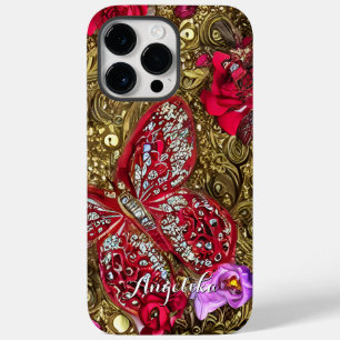 Coque Pour Pour iPhone 14 Pro Max Papillon floral rouge et or Nom personnalisé