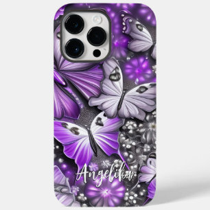 Coque Pour Pour iPhone 14 Pro Max Papillon floral violet et argenté Nom personnalisé