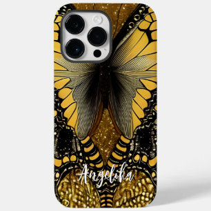 Coque Pour Pour iPhone 14 Pro Max Papillon noir et or tendance Nom personnalisé