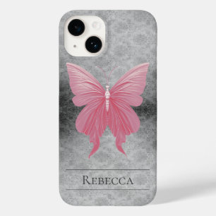 Coque Pour iPhone 14 Papillon rose bijoux Damas