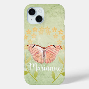 Coque Pour iPhone 15 Papillon rose sur Arrière - plan Floral vert