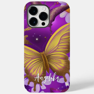 Coque Pour Pour iPhone 14 Pro Max Papillon tendance violet et or Nom personnalisé