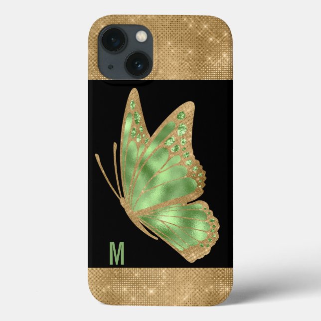 Coques Case-Mate iPhone Papillon vert et or Monogramme (Verso)