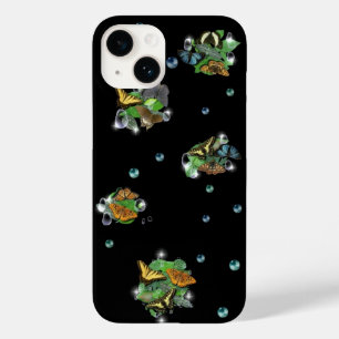 Coque Pour iPhone 14 Papillons avec Raindrops Feuille Étoiles et Perles