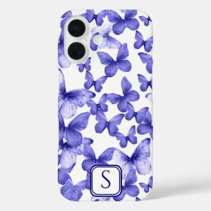 Coque Pour iPhone 16 Papillons bleus Moderne Élégant Monogramme personn