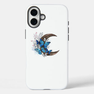 Coques iPhone 16 Plus Papillons bleus sur croissant en bois