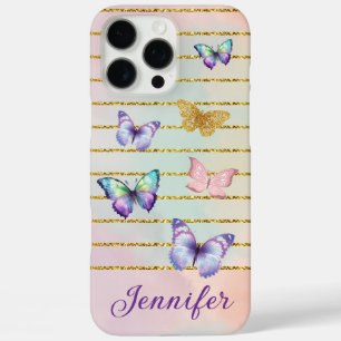 Coques iPhone 16 Pro Max papillons colorés lignes or personnalisées