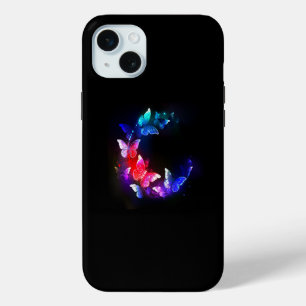 Coque iPhone 15 Mini Papillons de nuit Neon brillants sur arrière - pla