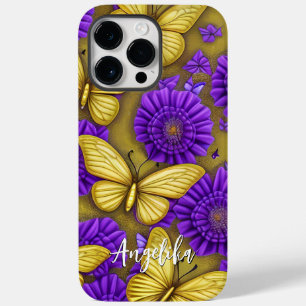 Coque Pour Pour iPhone 14 Pro Max Papillons d'or Fleurs violettes Nom personnalisé