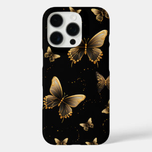 Coques iPhone 16 Pro Papillons d'or noir
