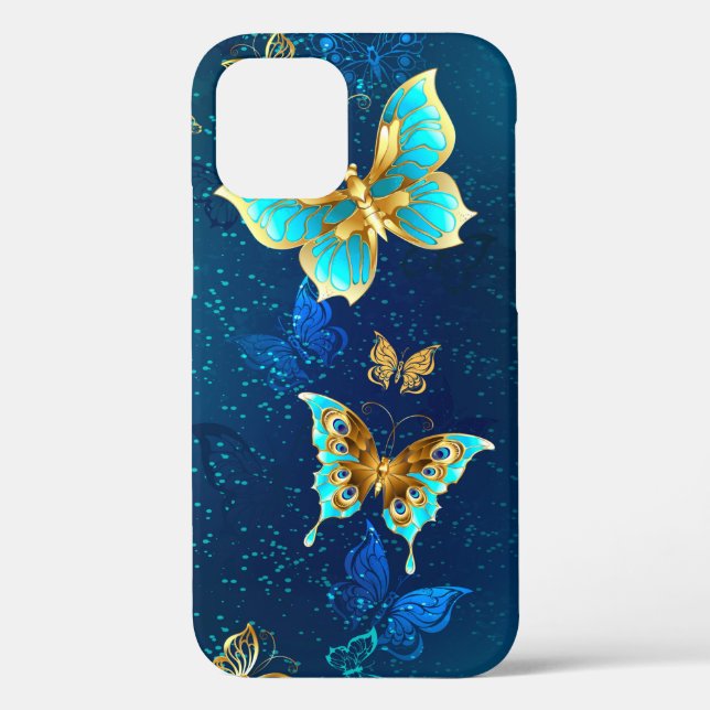 Coques Case-Mate iPhone Papillons d'or sur un Arrière - plan bleu (Verso)