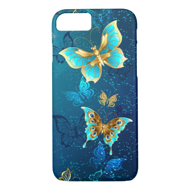 Coques Case-Mate iPhone Papillons d'or sur un Arrière - plan bleu (Dos)