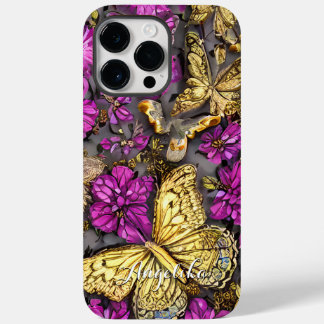 Coque Pour Pour iPhone 14 Pro Max Papillons en or rose et violet Nom personnalisé