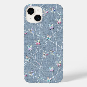 Coque Pour iPhone 14 Papillons en relief aquarelle sur lin bleu denim