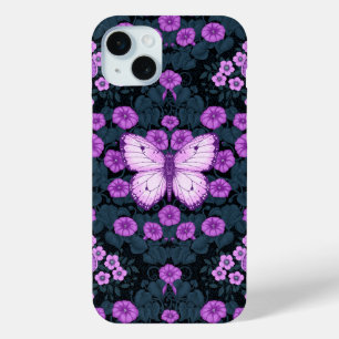 Coque iPhone 15 Mini Papillons et symétrie des fleurs, violet et bleu