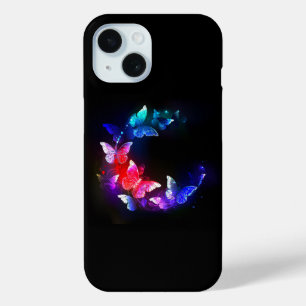 Coque Pour iPhone 15 Papillons néon brillants la nuit sur fond noir