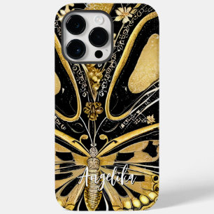 Coque Pour Pour iPhone 14 Pro Max Papillons Noir et Or Nom personnalisé