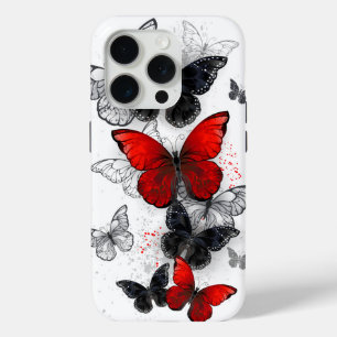 Coque iPhone 15 Pro Papillons noirs et rouges volants