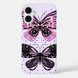 Coque Pour iPhone 16 Papillons noirs, roses, violets