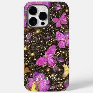 Coque Pour Pour iPhone 14 Pro Max Papillons personnalisés rose, or et noir tendance