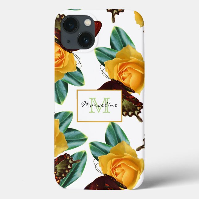 Coques Case-Mate iPhone Papillons pourpres et roses jaunes avec nom (Verso)