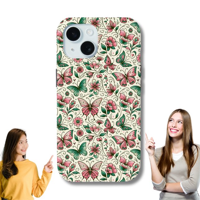 Coques Case-Mate iPhone Papillons rose et vert Motif floral (Butterfly pattern Floral iPhone case.)