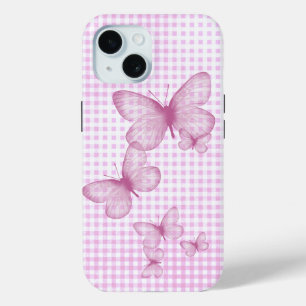 Coque Pour iPhone 15 Papillons roses sur En vichy