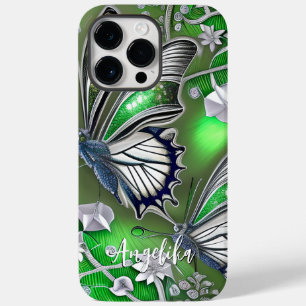 Coque Pour Pour iPhone 14 Pro Max Papillons verts et argentés Nom personnalisé