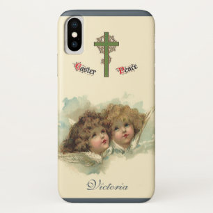 Coque iPhone X Pâques vintage, anges angéliques nuages dans le ci