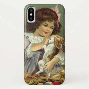 Coque iPhone X Pâques vintages, oeufs de lapin lapin de fille vic
