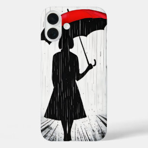 Coques iPhone 16 Plus "Parapluie écarlate" Pluie Silhouette Art