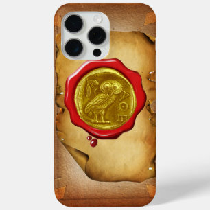 COQUE iPhone 15 PRO MAX PARC ANTIQUE OWL OR JAUNE EN CIRE ROUGE SCEAU